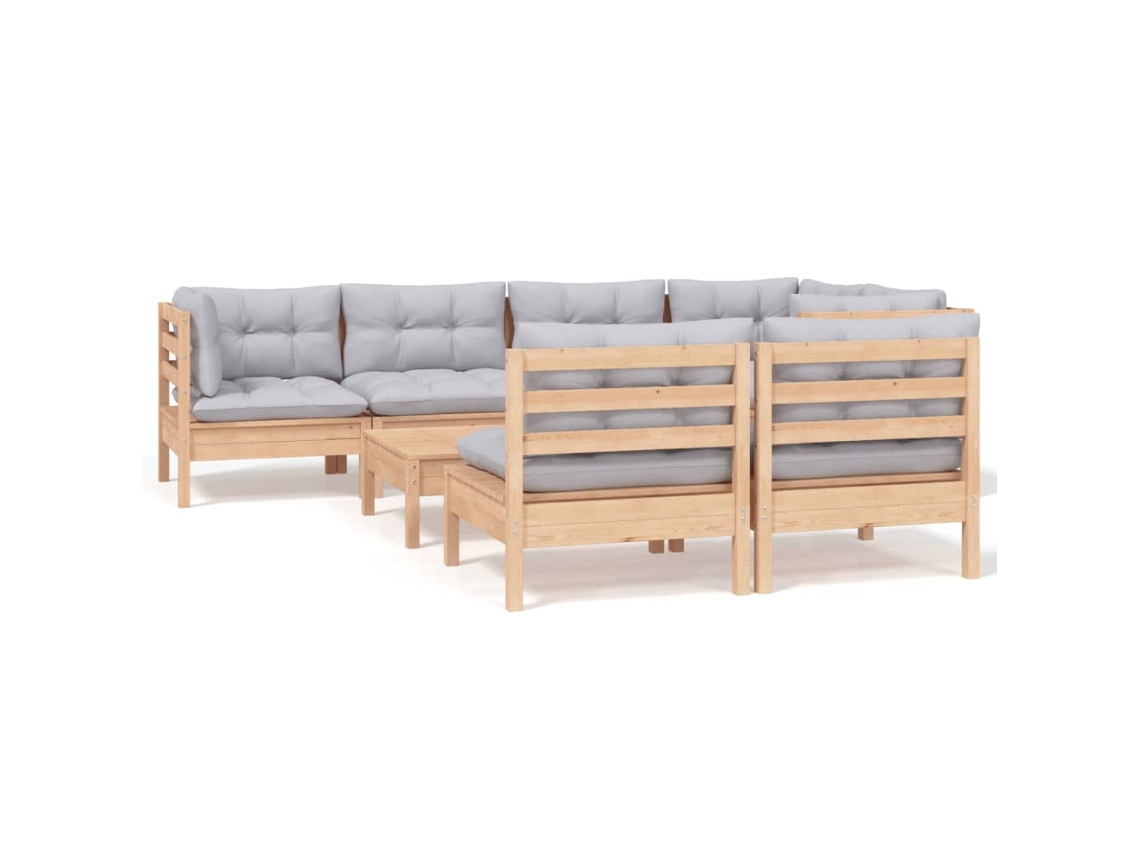 Conjunto de 8 Garden Lounge com Almofadões Cinza Pinho Maciço MAISON EXCLUSIVE