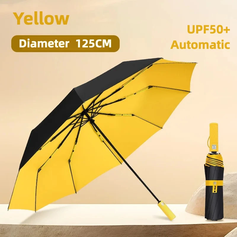 (amarelo 10k) Guarda-chuva Dobrável Automático Extra Grande De 125 Cm, Material De Vinil, Upf50+