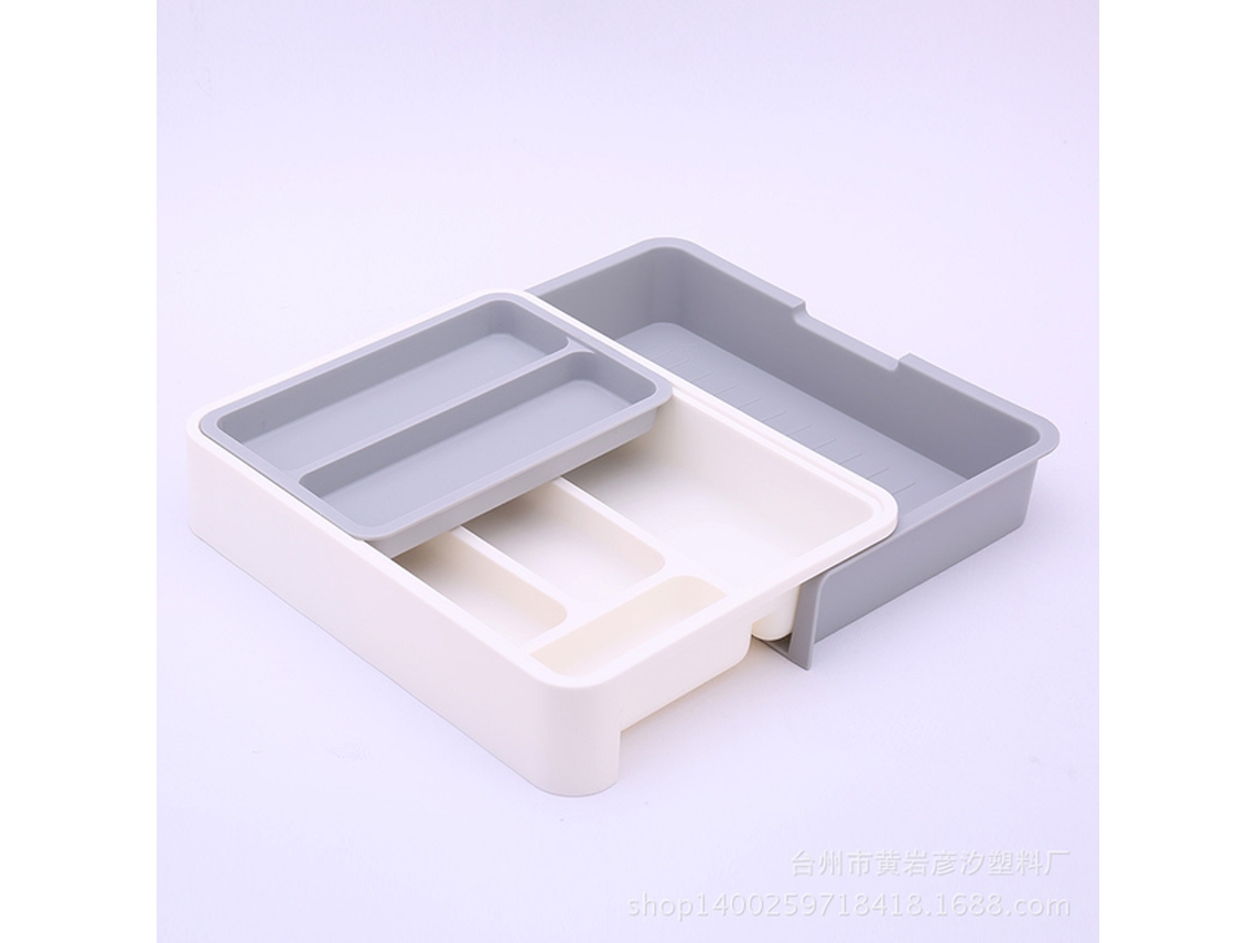 Organizador Talheres 3 Em 1 - Caixa Gaveta Cozinha - Divisórias Extensíveis - 31,5x23,5x6,3 Cm - Plástico - Cinzento