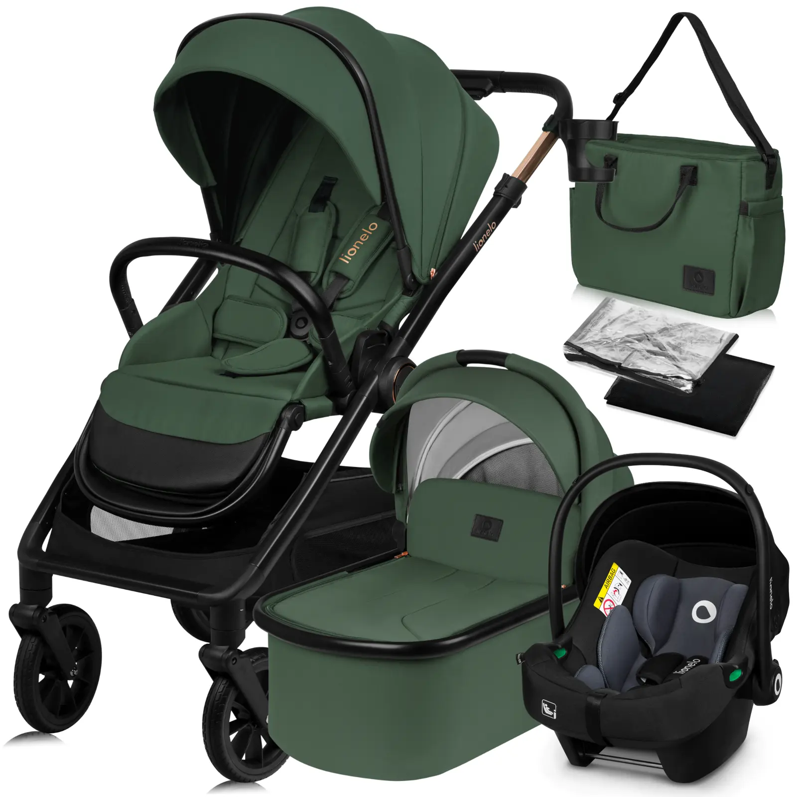 Carrinho De Bebê Lionelo Layla Trio - Até 22kg - Carrinho, Alcofa, Cadeirinha Para Auto E Acessórios – Rodas Grandes – Para Qualquer Terreno - Verde