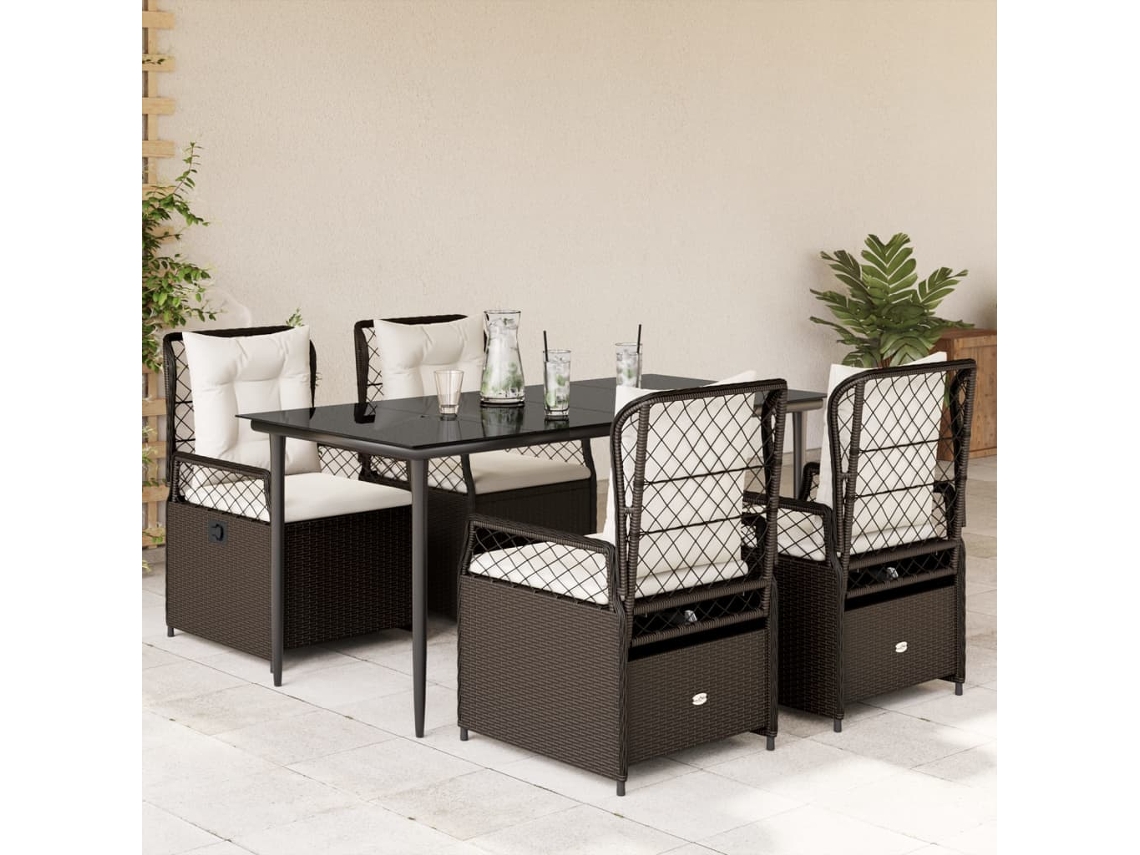 5 Pcs Conjunto Jantar P/ Jardim C/ Almofadões Vime Pe Castanho Dkd Home Decor