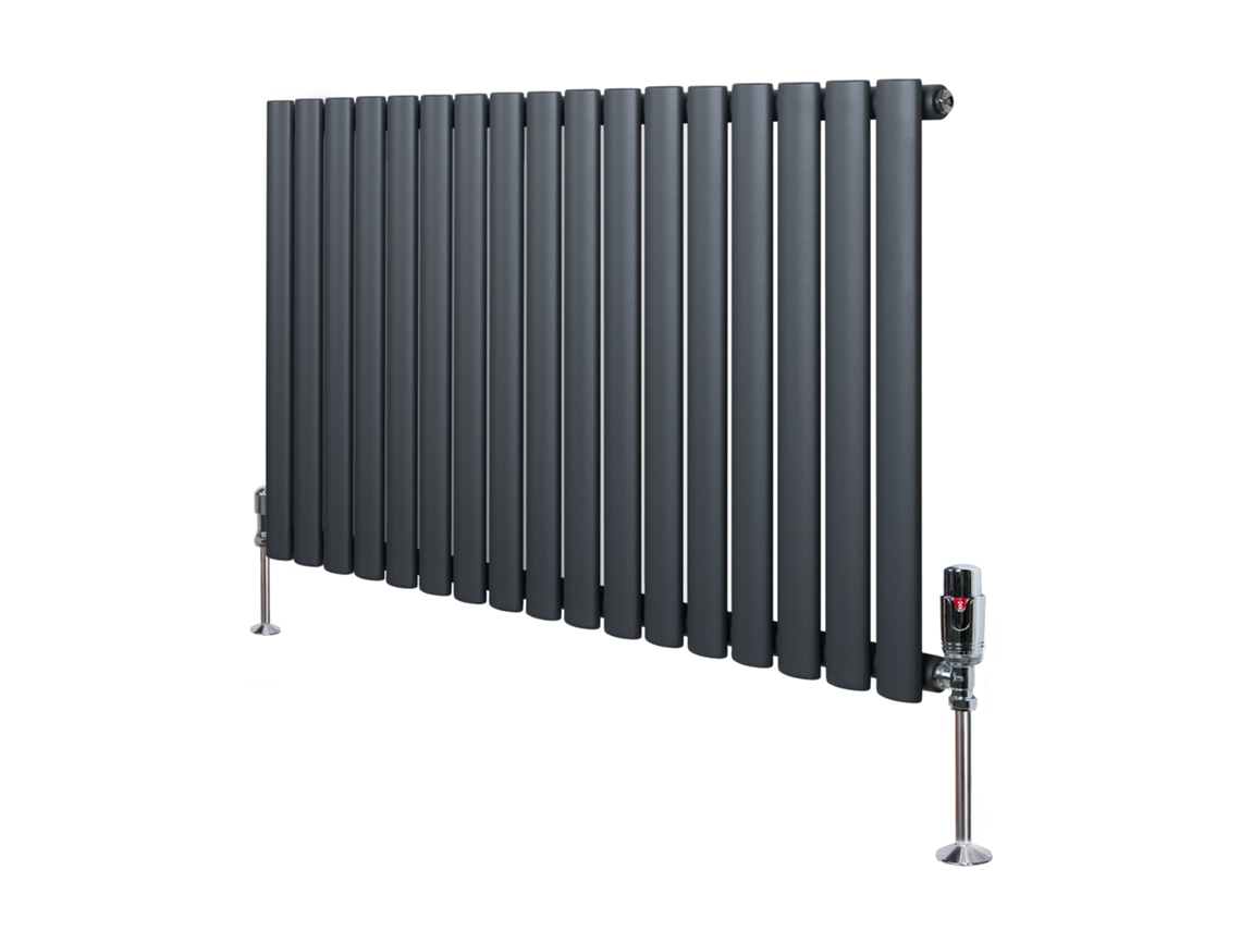 Radiador Oval De Coluna Única 600x1020 Mm - Cinza Antracite, 970w, Aço Carbono, Válvulas Termostáticas Cromadas,