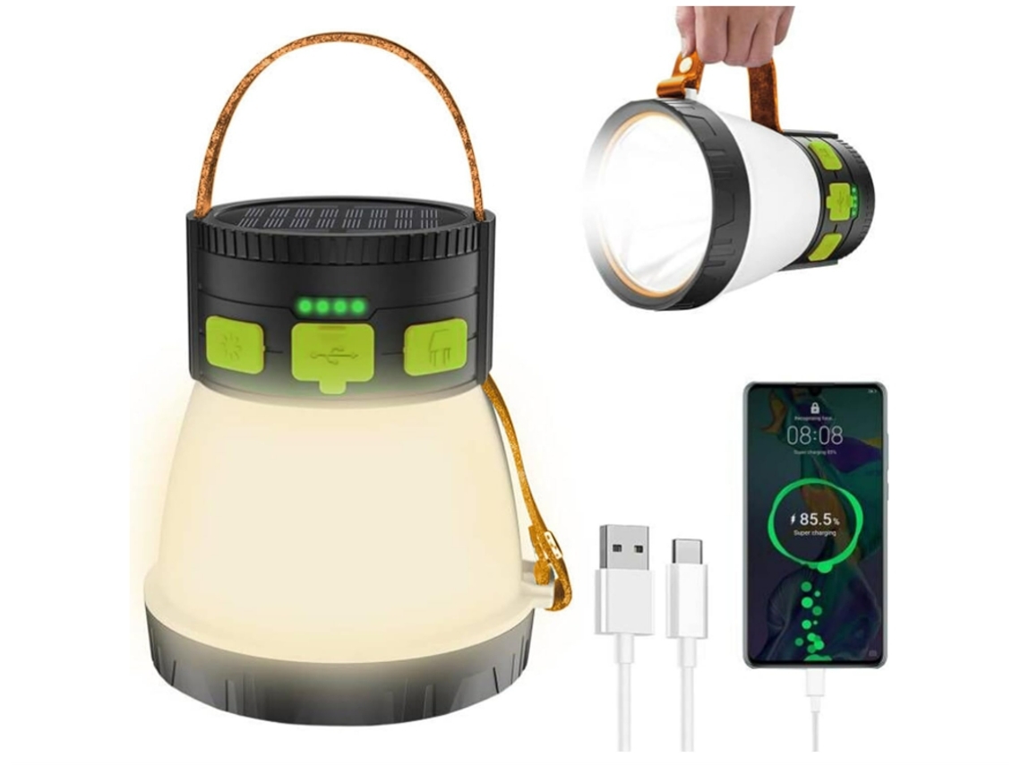 Luz de Acampamento Led Luz de Acampamento Recarregável de 1500 Lúmens com Carregamento Por Painel Solar À Prova DÁgua 8 Modos de Luz Preto