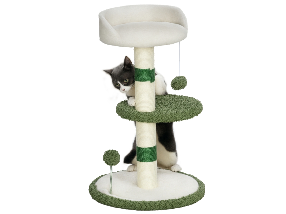 Árvore para Gatos com Cama, 2 Tigelas, Plataforma e Poste de Sisal, Cama para Gatos com Revestimento em Chenille e Pele Sintética, Verde e Branco