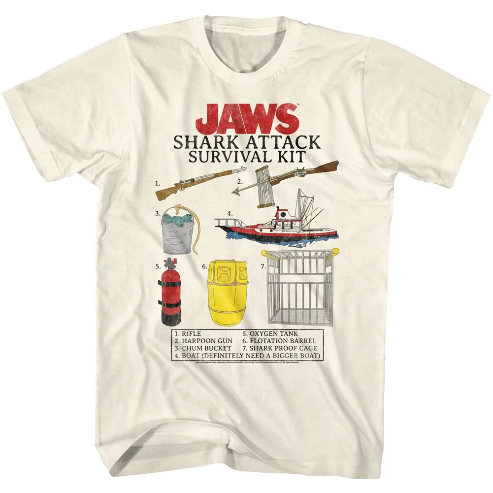 Unisex Adult T-shirt Rockinstone Jaws Movie Survival Kit Solid Natural Sizexxxl