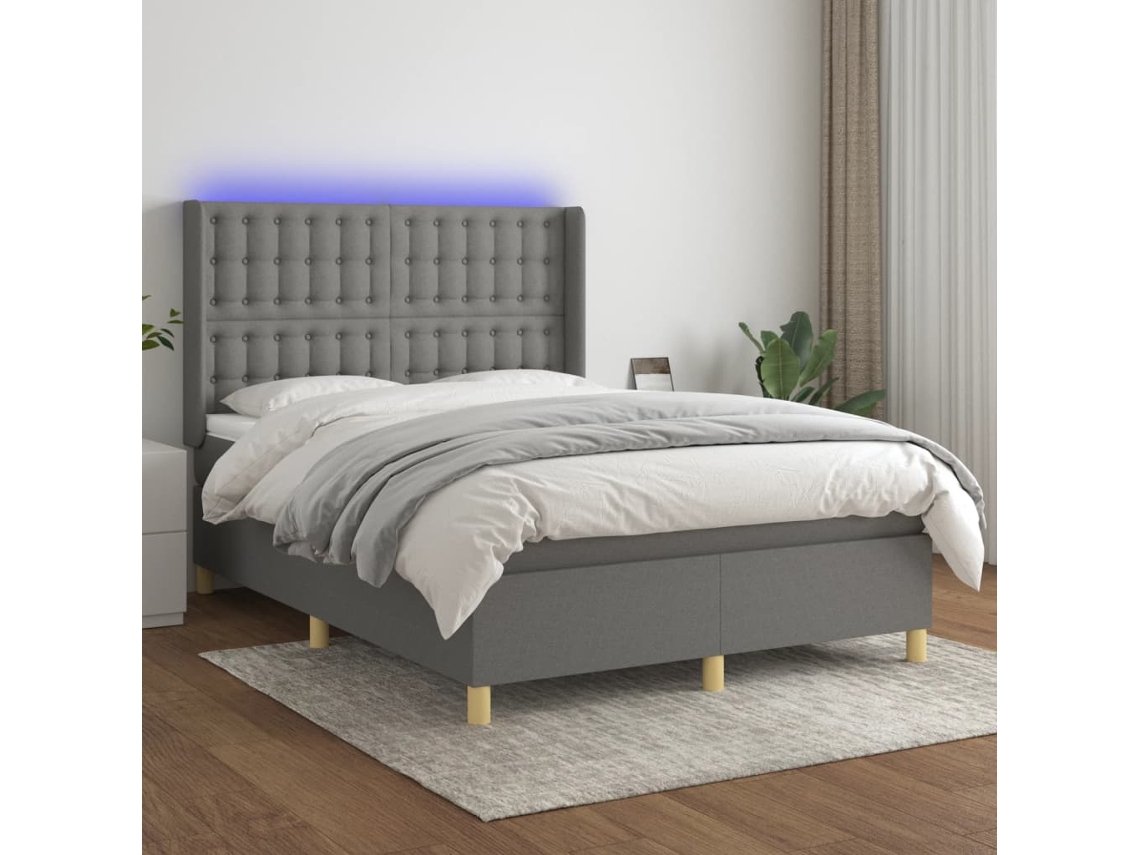 Vidaxl Cama Box Spring C/ Colchão e Led 140x190 Cm Tecido Cinza escuro