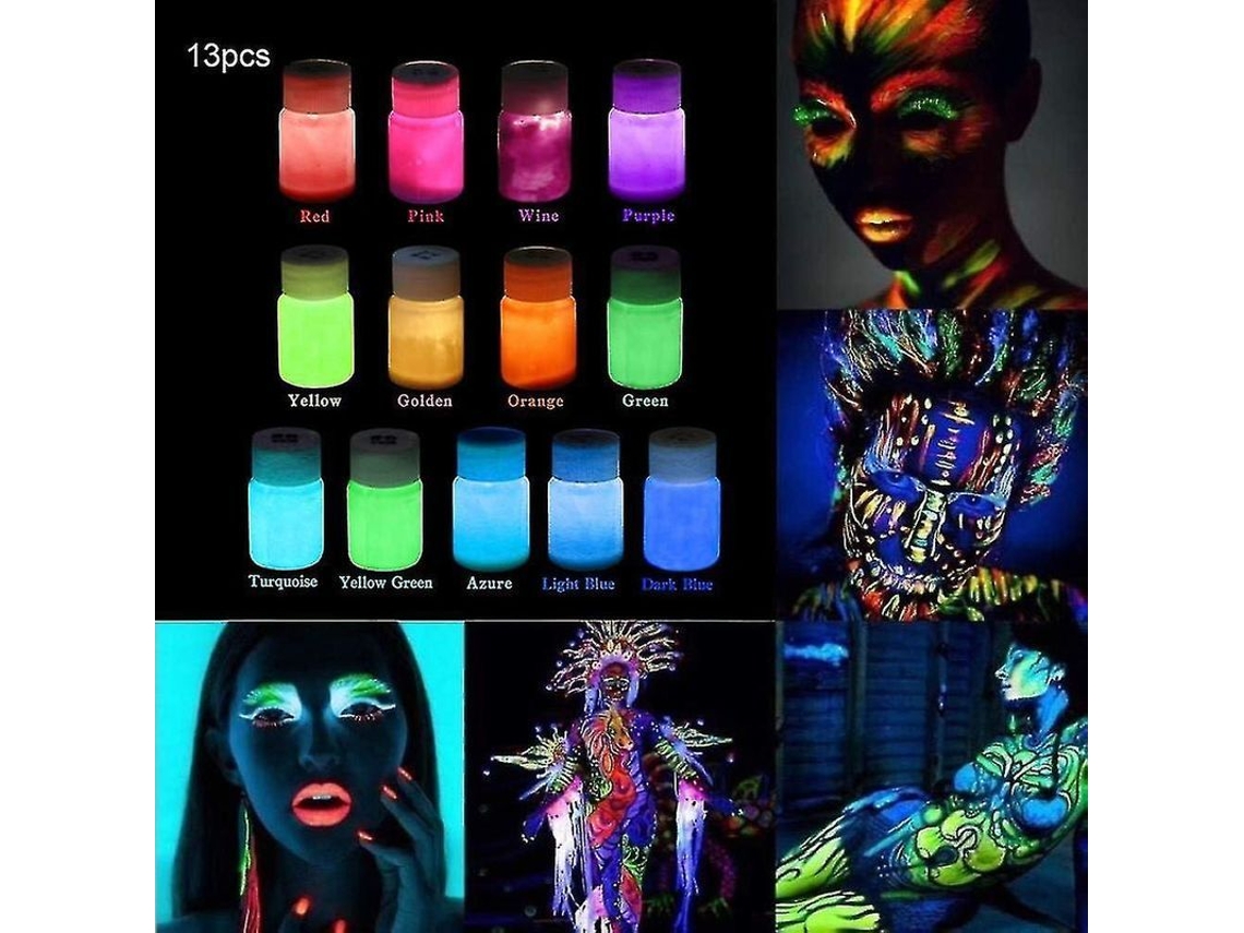 Kit de Tinta Autoiluminosa Fosforescente para Parede e Pintura Corporal 13 Cores