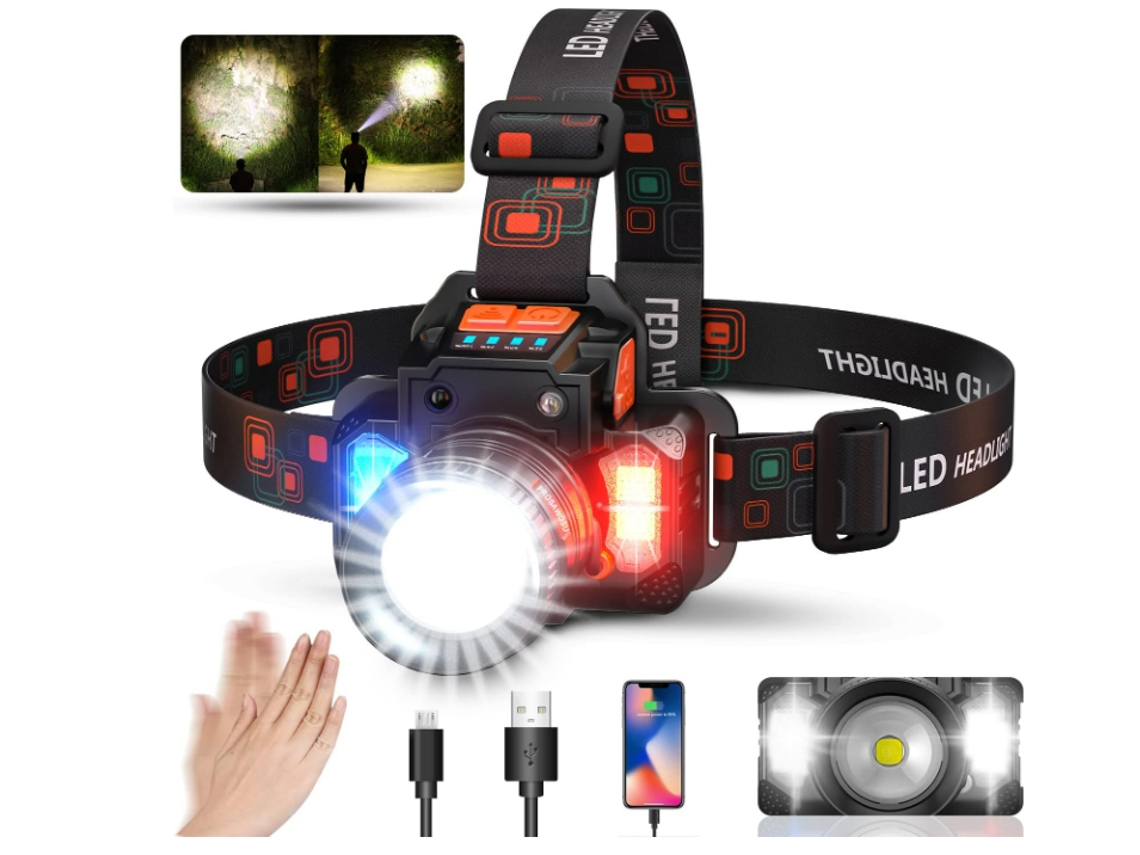 Lanterna de Cabeça T8 3000Lm Giratória com Zoom À Prova D'Água com Luz Lateral Power Bank para Pesca de Acampamento de Emergência Preta YIZHOOD