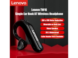 Auriculares mono Bluetooth 5.0 Lenovo TW16 com gancho, resistência IPX5, cancelamento de ruído, para esportes e trabalho