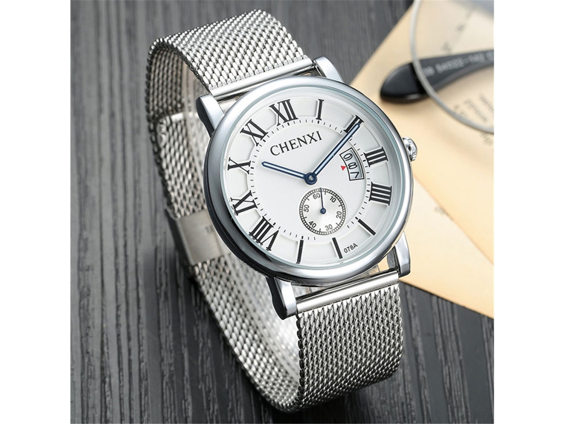 Reloj De Pulsera Para Hombres Impermeable Acero Inoxidable Cuadro Blanco