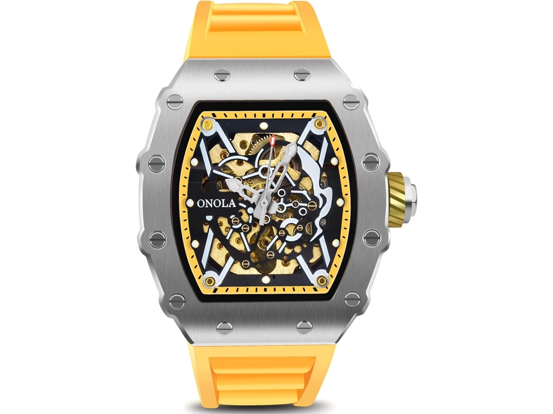 Lurelia Relógio Mecânico Masculino, Automático, Pele, Silicone, Prata, Amarelo