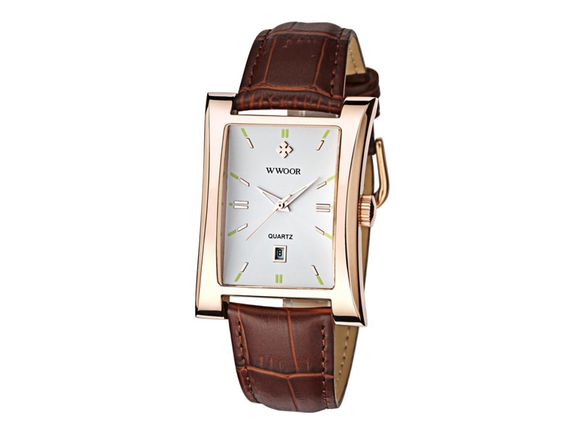 Relógio de pulso masculino WWor Square em couro PU à prova d'água e dourado branco.