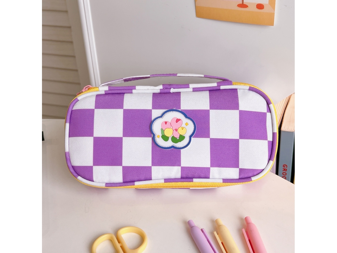 Estuche De Lápices Cute Grande Capacidad Apertura Grande Multicapa Almacenamiento Clasificado Estudiante Morado Blanco Grid Flor