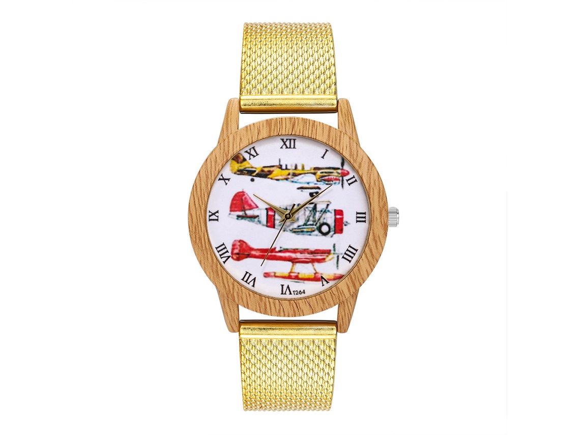 Relógio unissex para casal, em aço com pulseira de malha, mostrador dourado vintage, movimento de quartzo.