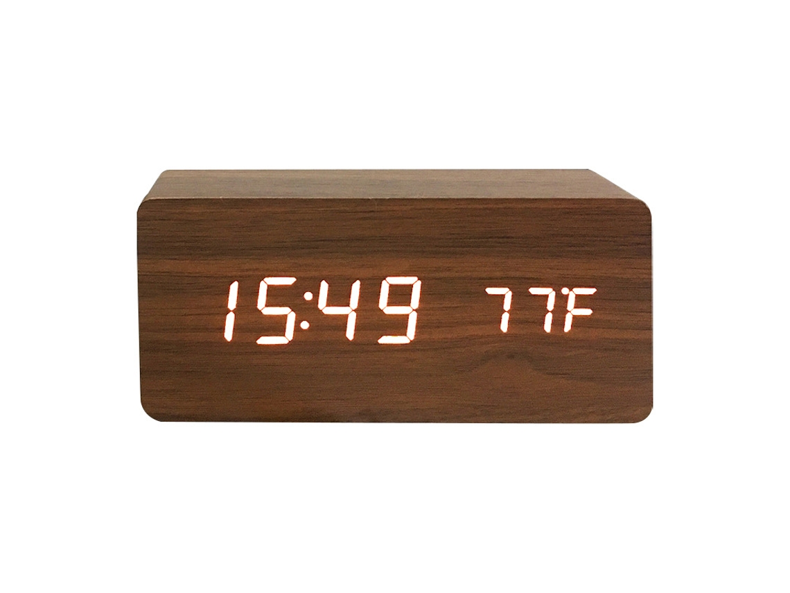 Reloj De Madera Digital Recargable Y Silencioso. Triple Alarma, Con Pantalla De Hora/fecha/temperatura. Madeira Marrom Com Caracteres Brancos. Sfushos