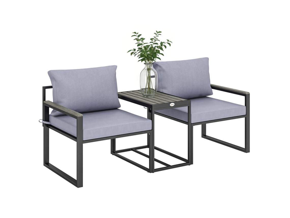 Conjunto de Jardim para Exterior com 3 Peças, Incluindo Mesa e 2 Cadeiras com Assento e Almofadas em Textilene, Cor Cinza. CHEZMOI