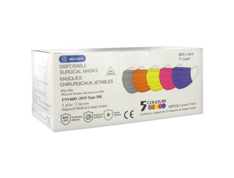 Máscara Cirúrgica Descartável Tipo Iir Efb 98% 5 Cores 50 Máscaras MÉDI-SANTÉ