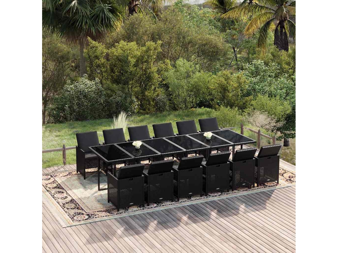 Vidaxl 13 Pcs Conjunto Jantar P/ Jardim C/ Almofadões Vime Pe Preto