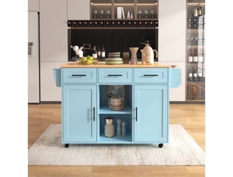 Carro De Jantar 139x46x91,5cm Azul Com Tampo Em Madeira,tampo Dobrável,rodas E Porta,ideal Para Cozinha E Sala De Jantar Mega Echo Trade Shop