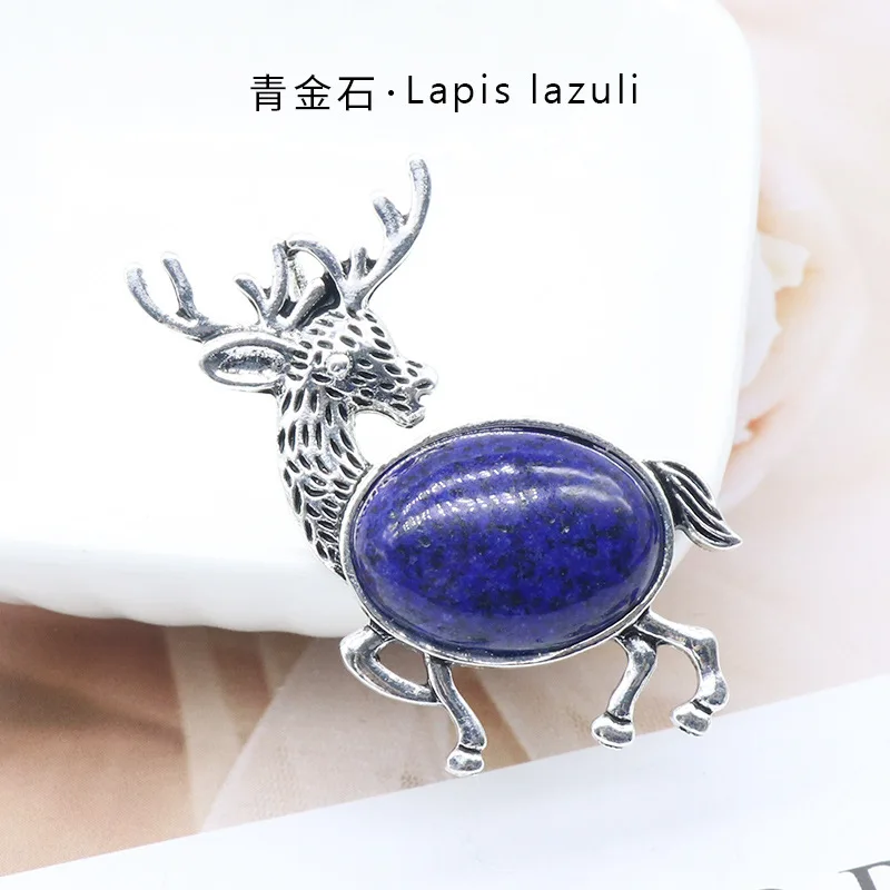 Colar Com Pingente De Veado Vintage Em Lápis-lazúli, Broche De Lapela Em Concha De Pedra Preciosa Natural.