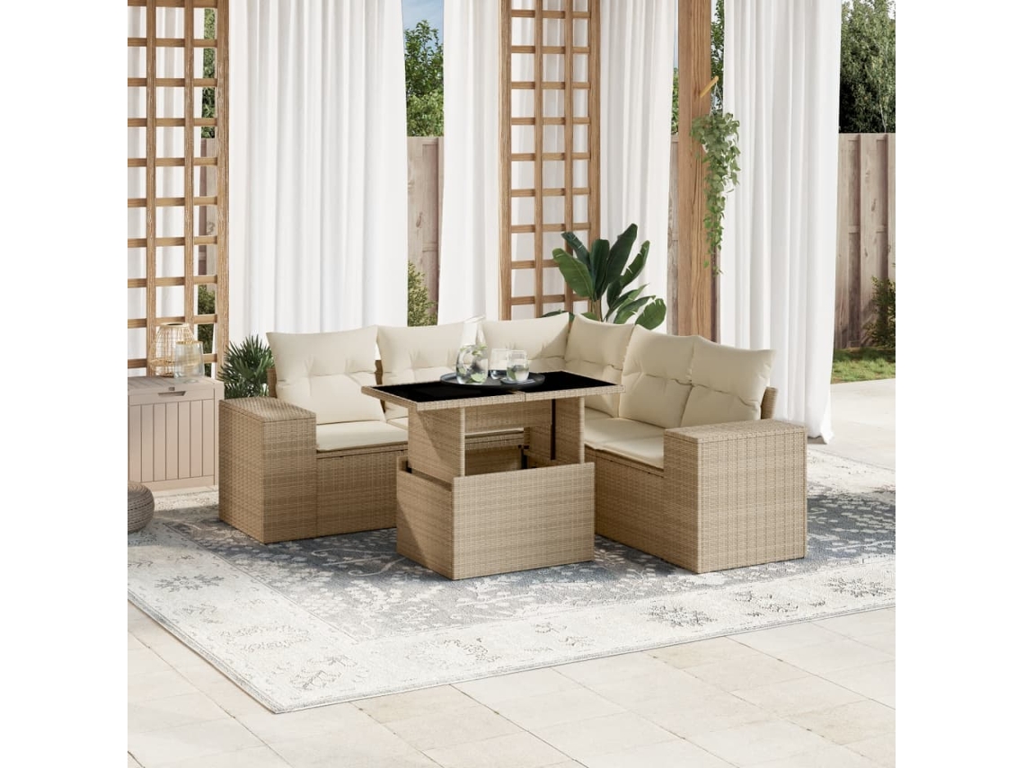 Vidaxl 6 Pcs Conjunto De Sofás P/ Jardim Com Almofadões Vime Pe Bege