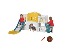 Escorregador Infantil, Estrutura 7 Em 1, Com Basquete E Volante, Para 1-3 Anos, 178x177x99cm, Amarelo/branco/verde
