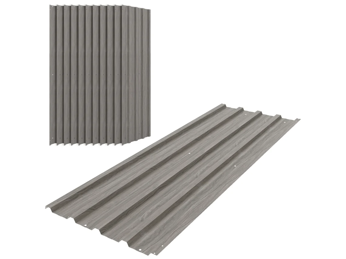 Conjunto De 12 Painéis De Aço Galvanizado Resistentes A Intempéries, 129 X 45 Cm, Com Efeito De Madeira Cinza Claro.