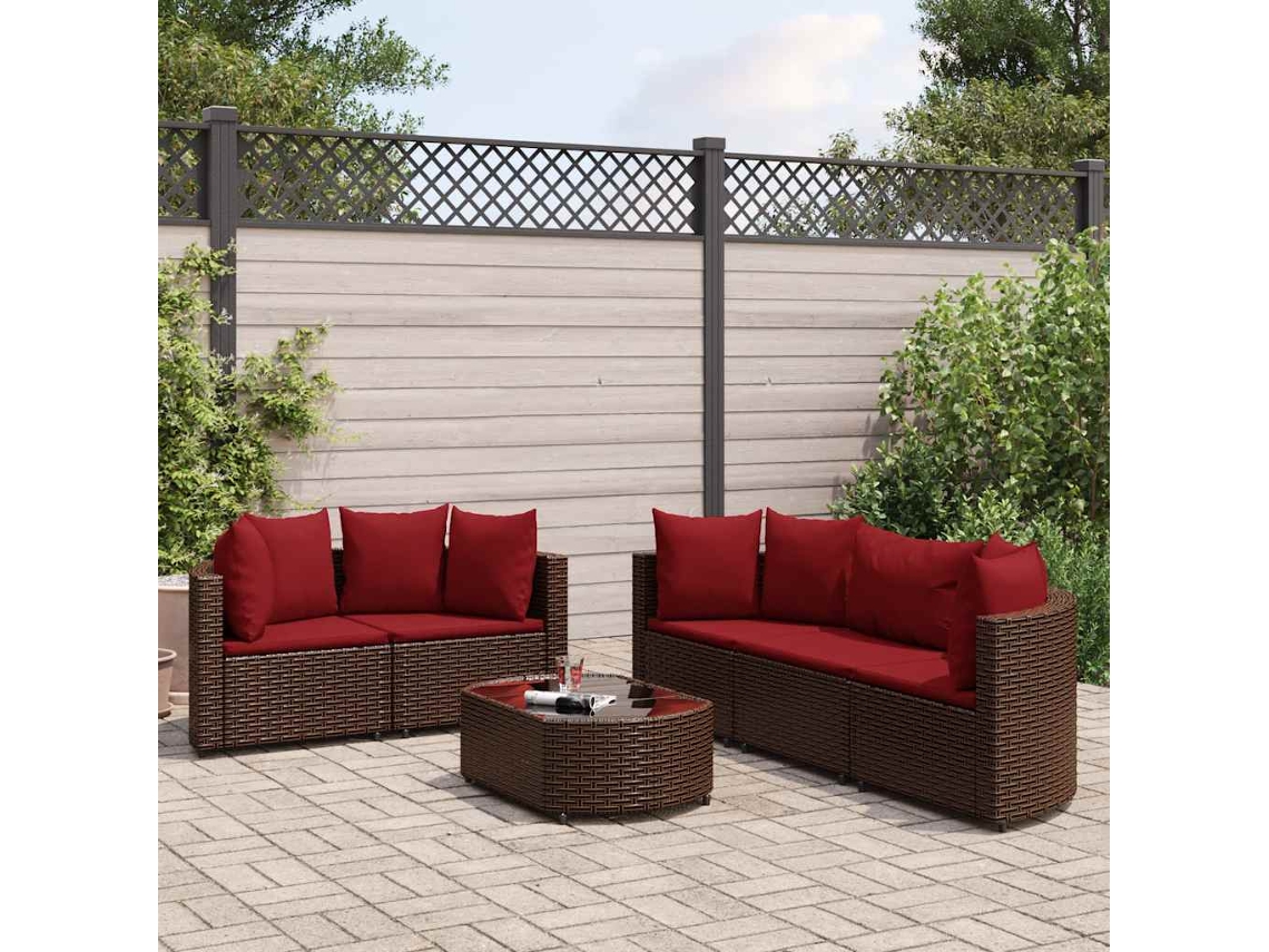 Vidaxl 6 Pcs Conjunto De Sofás Jardim C/ Almofadões Vime Pe Castanho