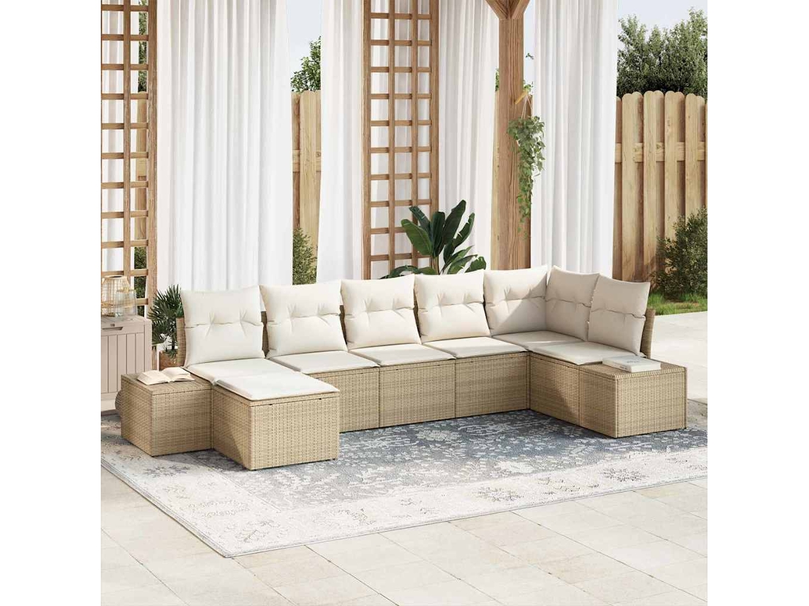 Vidaxl Conjunto De Sofá De Jardim Com Almofada 7 Pcs Bege Vime Pe