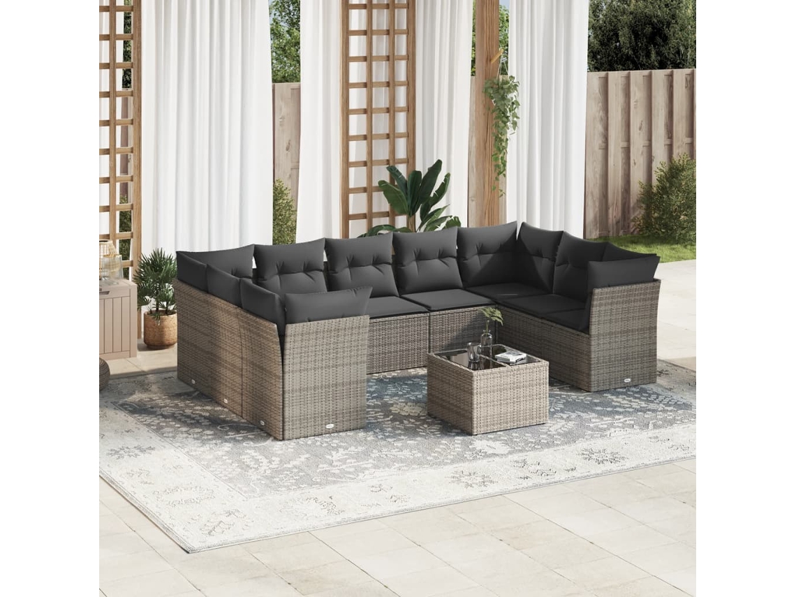 10 Pcs Conjunto Sofás De Jardim C/ Almofadões Vime Pe Cinza Dkd Home Decor