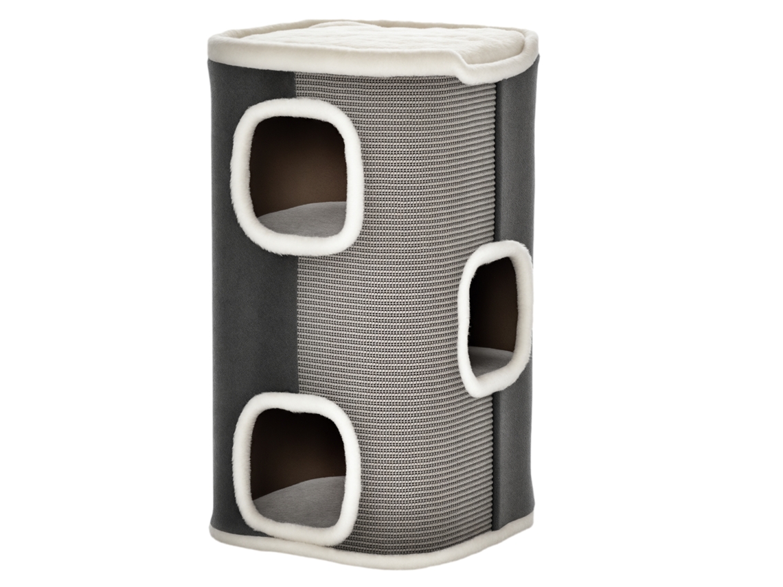 Arranhador Cilindro Cinza 40x40x74cm Altura 74cm para Gatos, Torre Escalar com 3 Cavernas Sisal Pelúcia e Plataforma Velo.