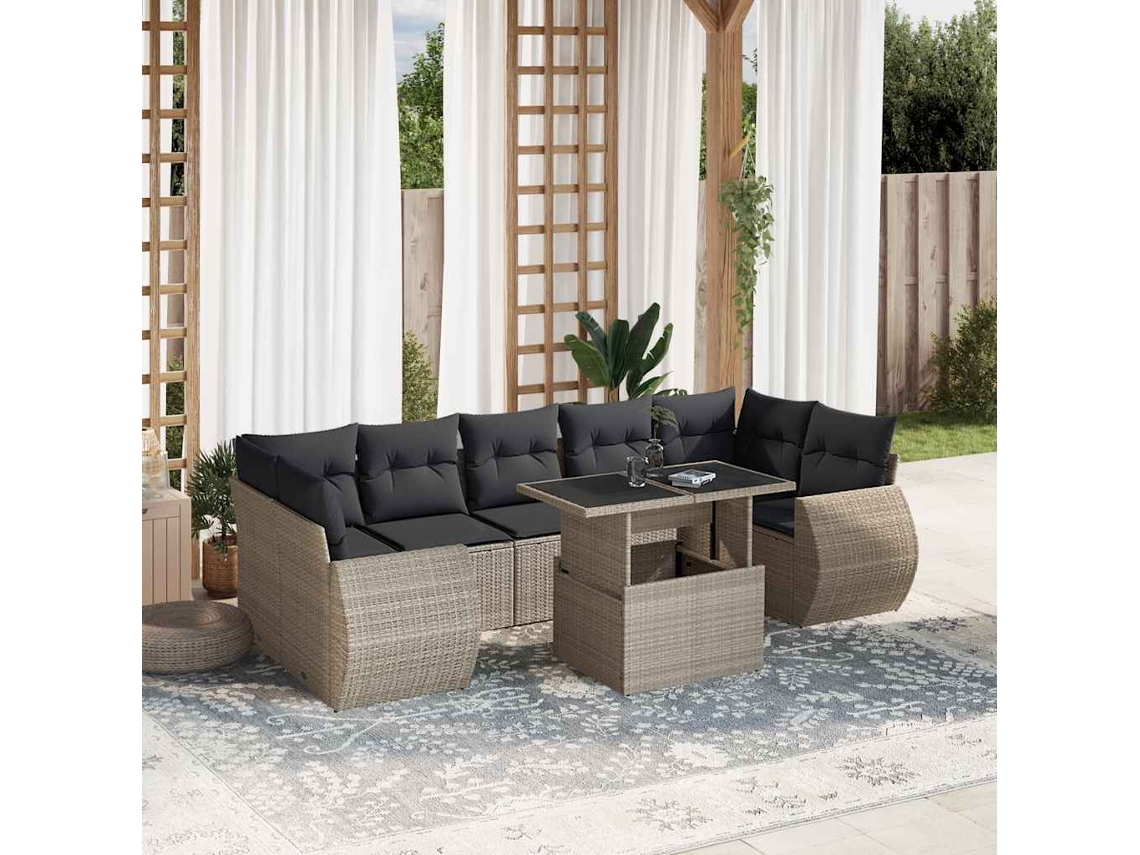 Vidaxl 8 Pcs Conj. Sofás Jardim C/ Almofadões Vime Pe Cinzento-claro