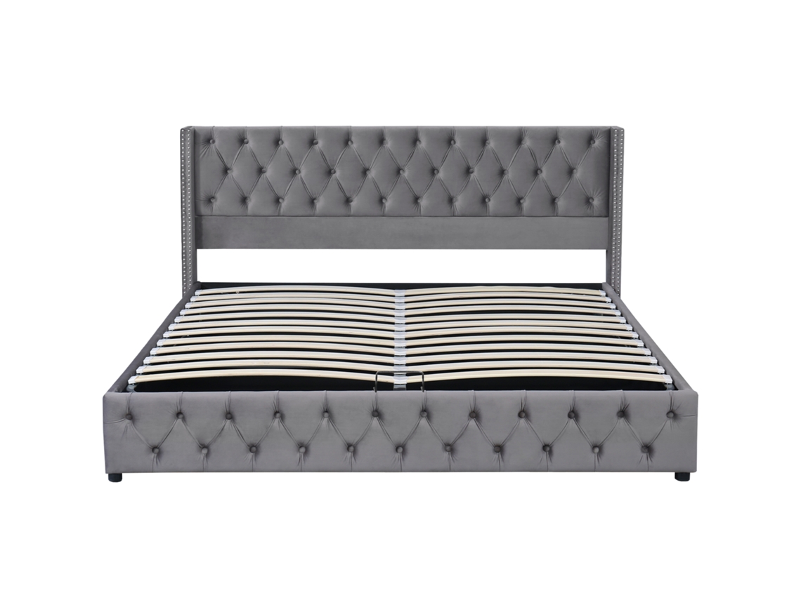 Cama Contentora De Veludo Com Estrado De Ripas 180x200 Cm - Cinzento