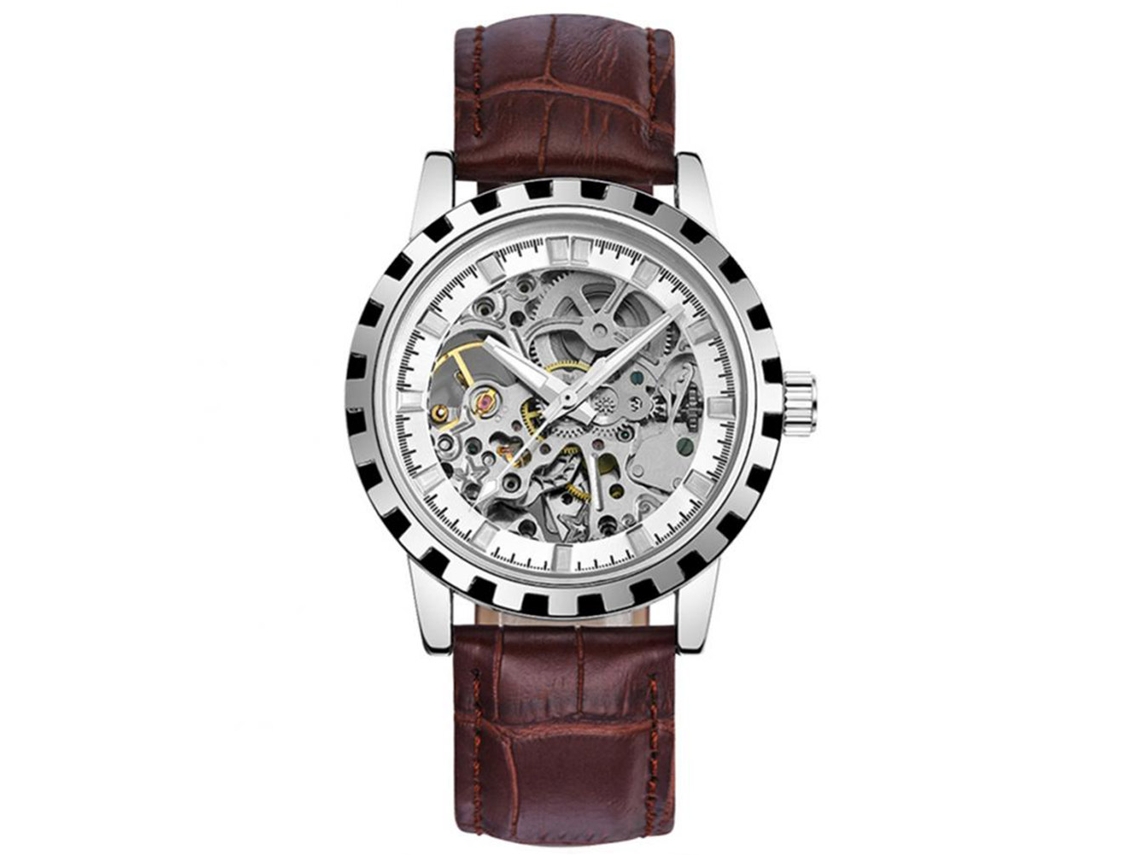 Relógio masculino mecânico analógico, mostrador redondo, pulseira de PU marrom e branca