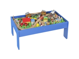 Mesa De, Dims 98 X 60,5 X 40cm, Cor Azul Junto De Trem De Madeira Com 108 Peças. Com Tampo Removível. Mesa De Trem. 98 X 60,5 X 40cm. Azul. Btforus