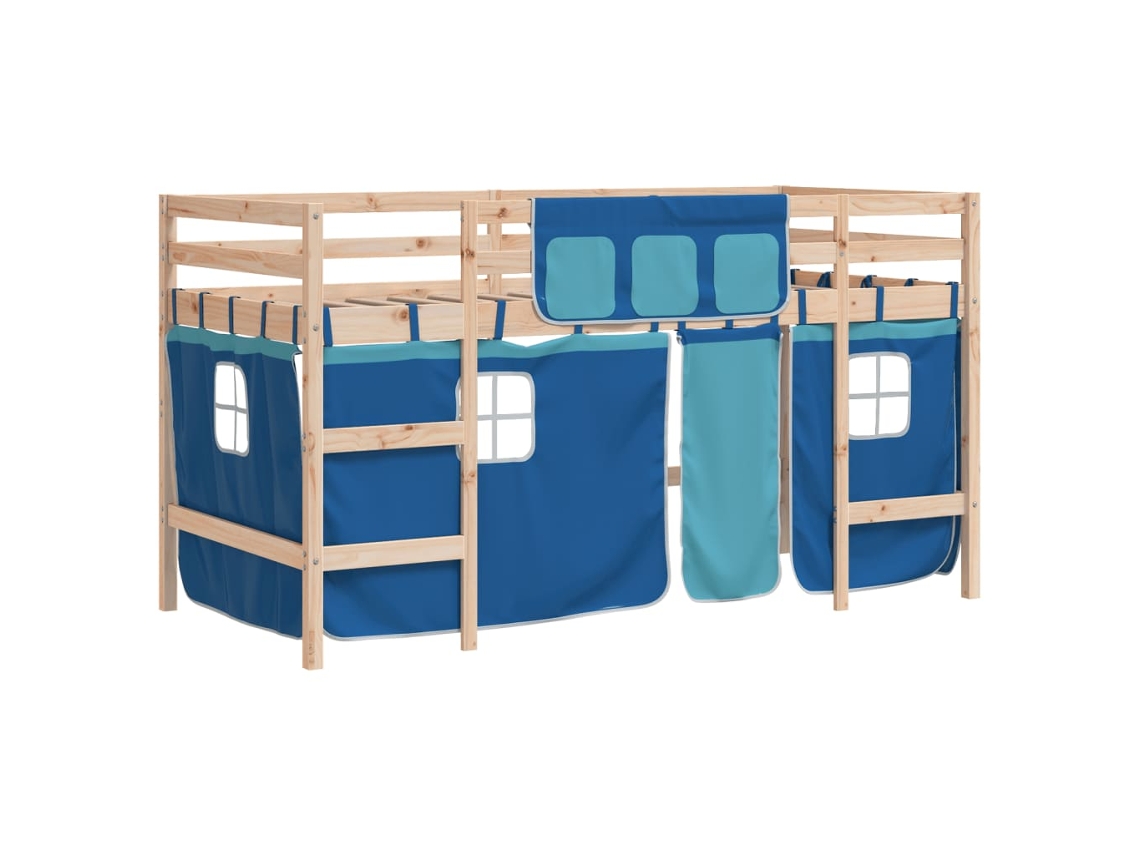 Cama Alta para Criança com Cortinas 90x190 cm Pinho Maciço Azul MAISON EXCLUSIVE