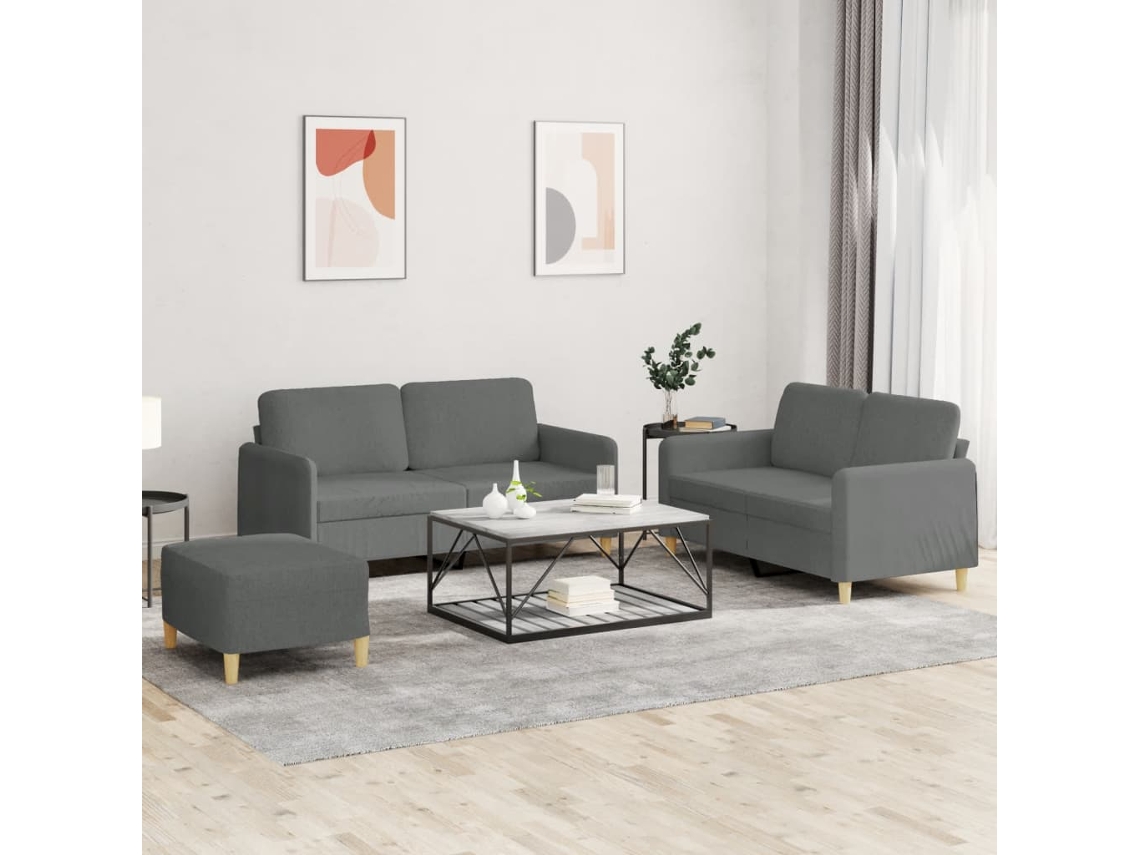 Vidaxl 3 Pcs Conjunto De Sofás Com Almofadões Tecido Cinzento-escuro