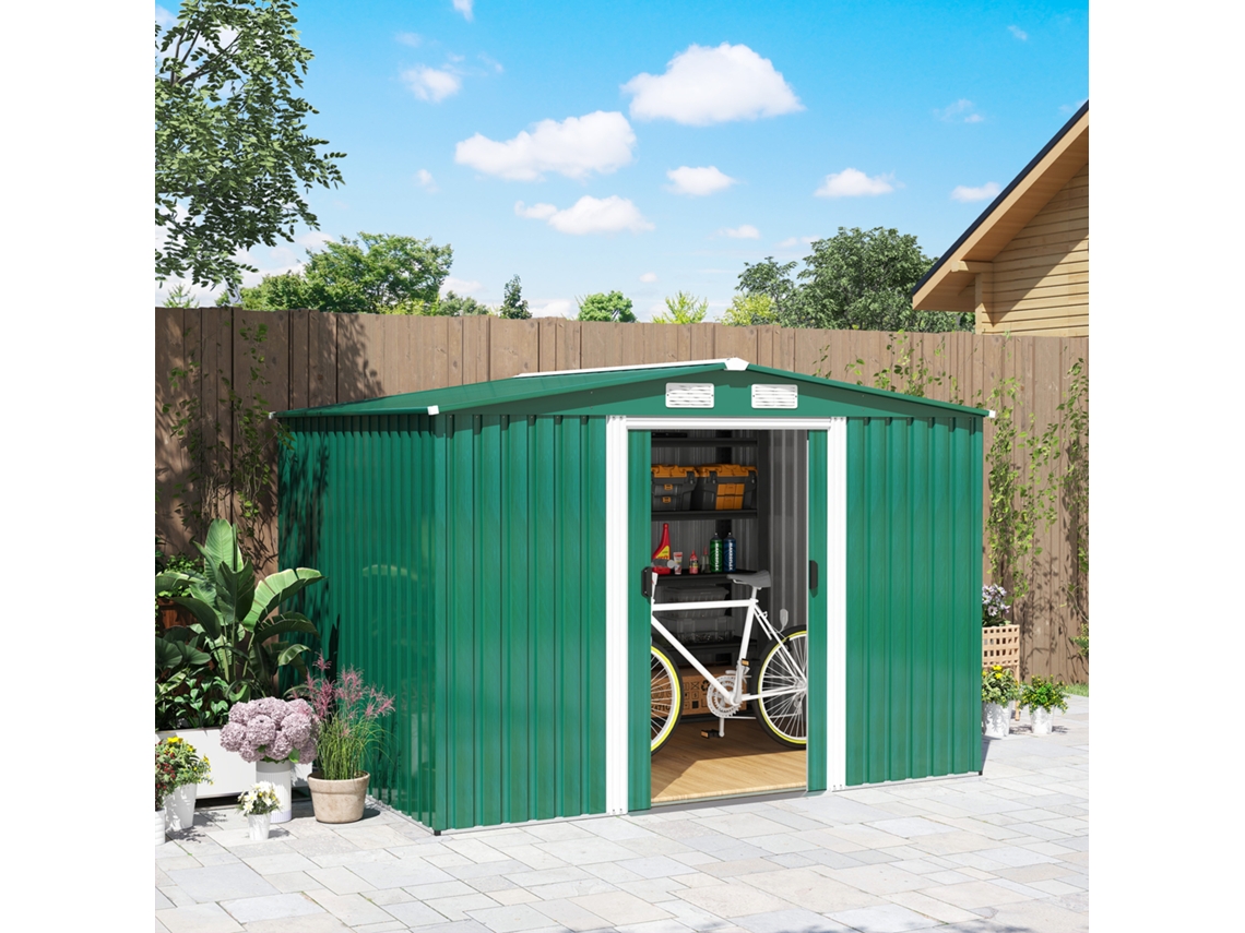Abrigo de Jardim 258x206x178cm 5.3m² Aço Galvanizado com Portas Correr e Ventilações para Armazenamento Ferramentas Jardinagem Verde