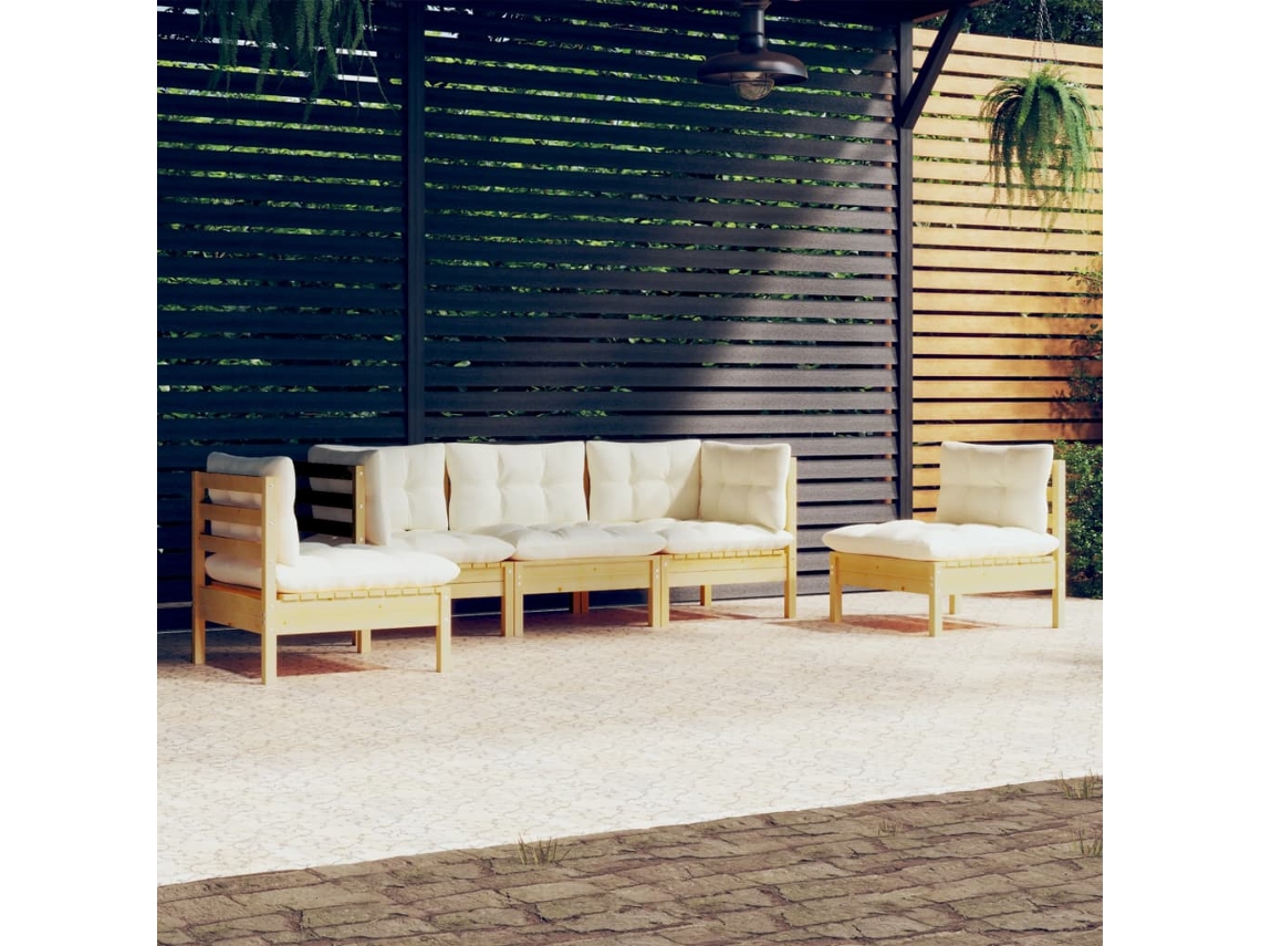 Vidaxl 5 Pcs Conjunto Lounge Jardim C/ Almofadões Creme Pinho Maciço