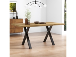 Mesa 140×80×76cm Pés Cruzados Ferro Forjado Acabamento Carvalho E Preto Estilo Simples Contemporâneo