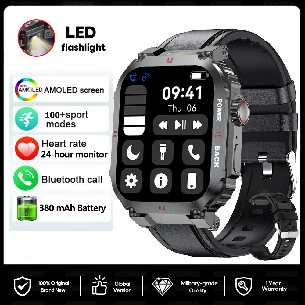 Relógio Inteligente com Gps, Luz Led, Monitoramento de Saúde, Assistente de Voz com Ia e Design À Prova D'água. MDUG (pulseira de Couro Preta)