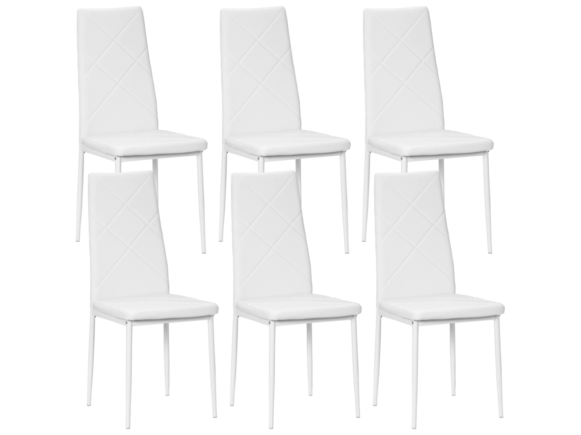 Conjunto de 6 Cadeiras de Jantar Estofadas em Couro Sintético,encosto Alto,pés de Aço 41x50x97cm Branco BTFORUS