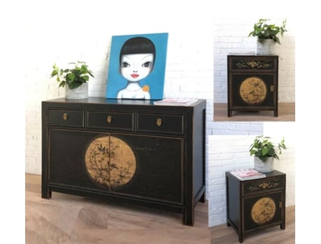 Combinação De Móveis Asiáticos Vintage, Cômoda, Aparador, Mesa De Cabeceira, Mesa De Cabeceira, 3 Peças, Preto Vintageasia