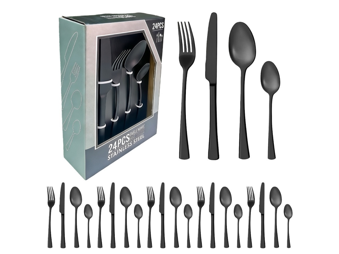 24 Peças Conjunto De Mesa Em Aço Inoxidável Preto Fosco 6 Pessoas Com Faca Garfo E Colher