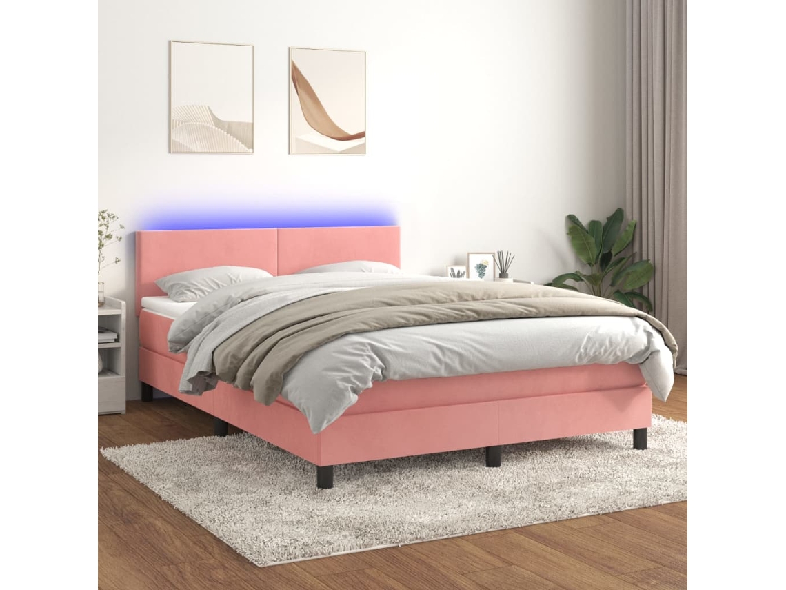 Cama Box Spring C/ Colchão/led 140x200 Cm Veludo Rosa