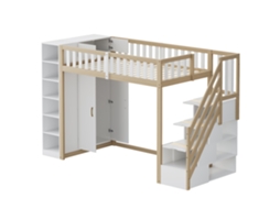 Cama Alta Multifuncional PAPRIKA 90x200cm com Prateleiras, armário, guarda roupa e Escada de Segurança, branco e Madeira Natural