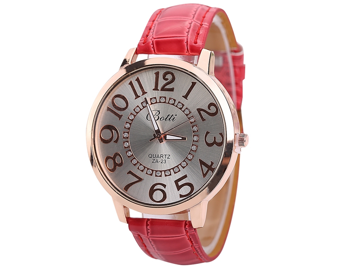 Relógio de Pulso Feminino com Números Árabes Grandes Pulseira Pu Quartzo Vermelho