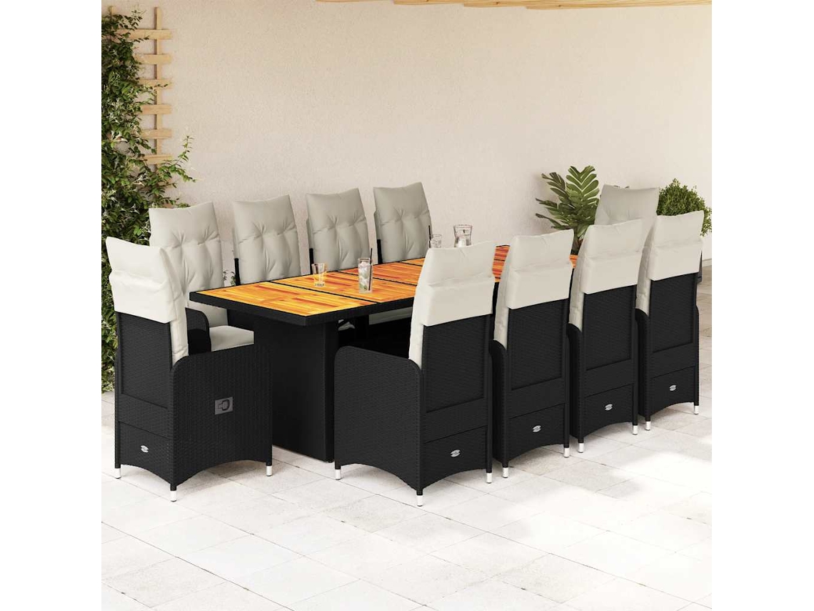 Conjunto Bistrô P/ Jardim C/ Almofadões Vime Pe Preto Dkd Home Decor 11 Peças