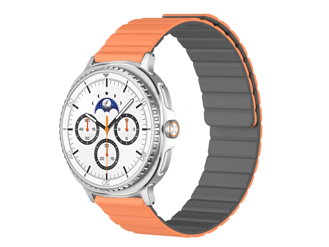 Pulseira magnética de silicone modificado por UV para Samsung Galaxy Watch8, laranja com detalhes em cinza, compatível.