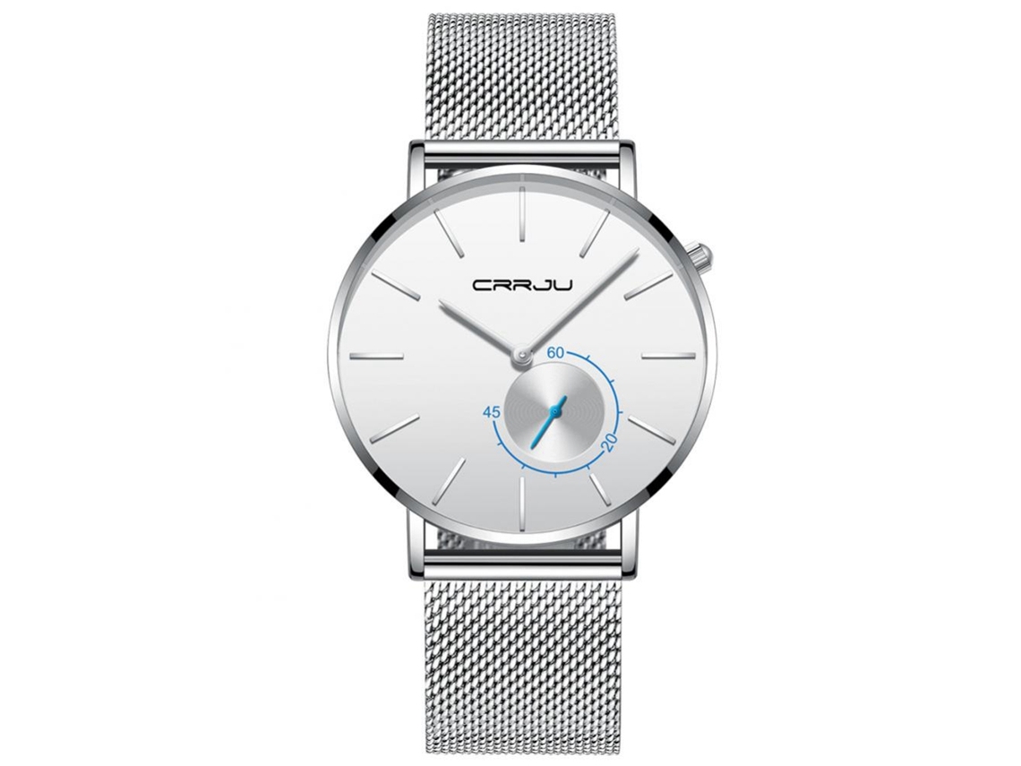 Relógio de pulso analógico Crrju prateado e branco com pulseira de liga metálica e mecanismo de quartzo.